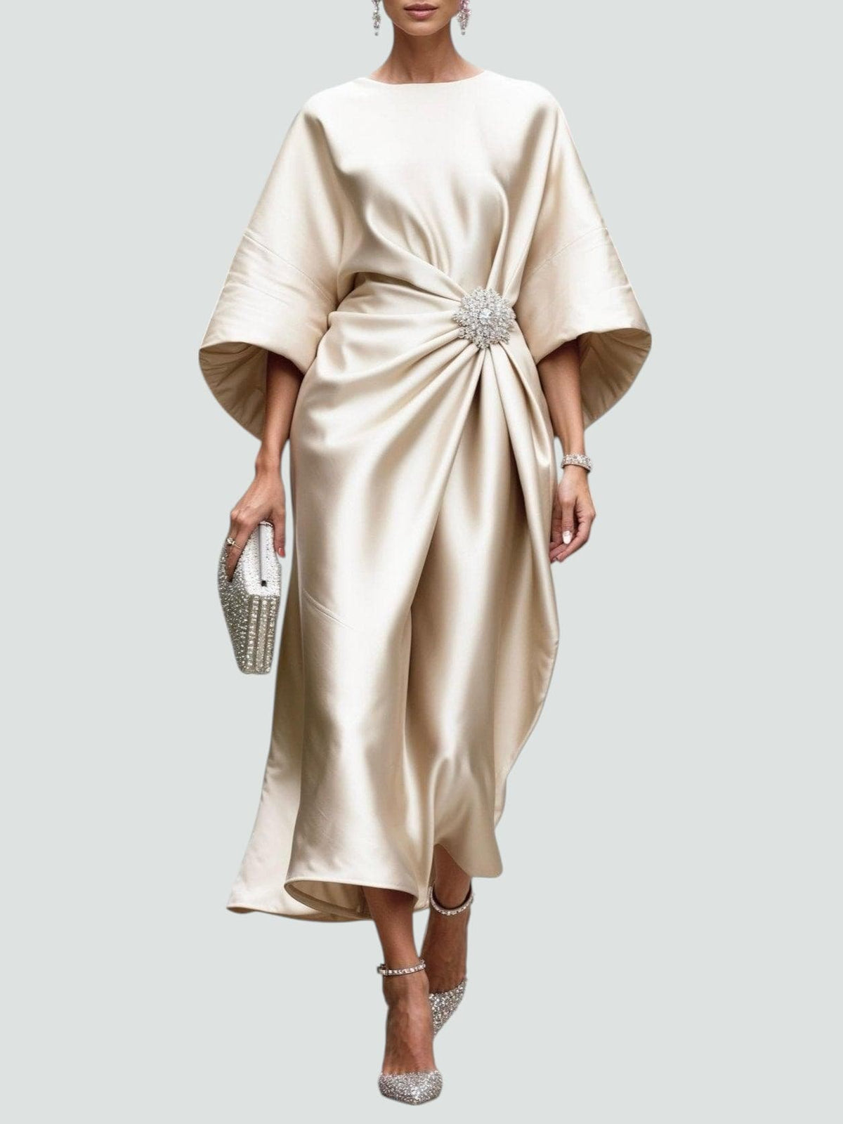 Women's Wedding Guest Satin Bateau Neck Midi Dress