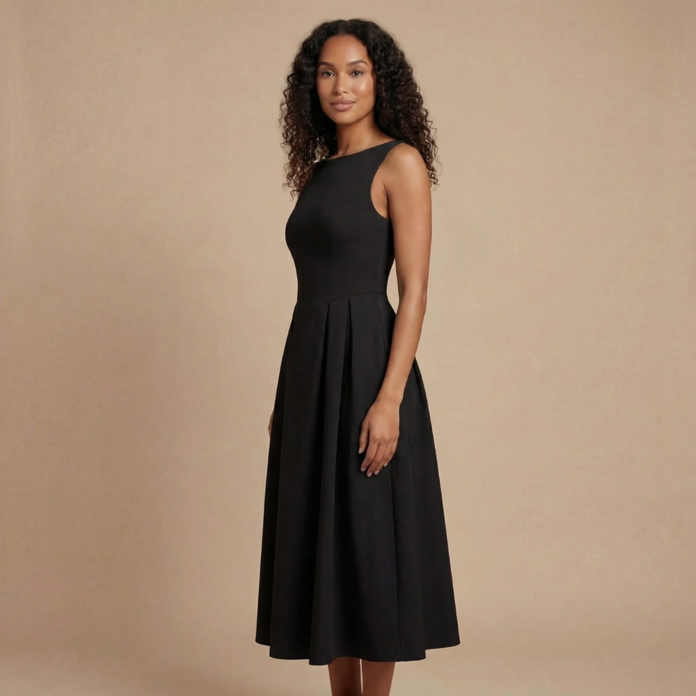 Women's Wedding Guest Sleeveless Boat Neck Midi Dress