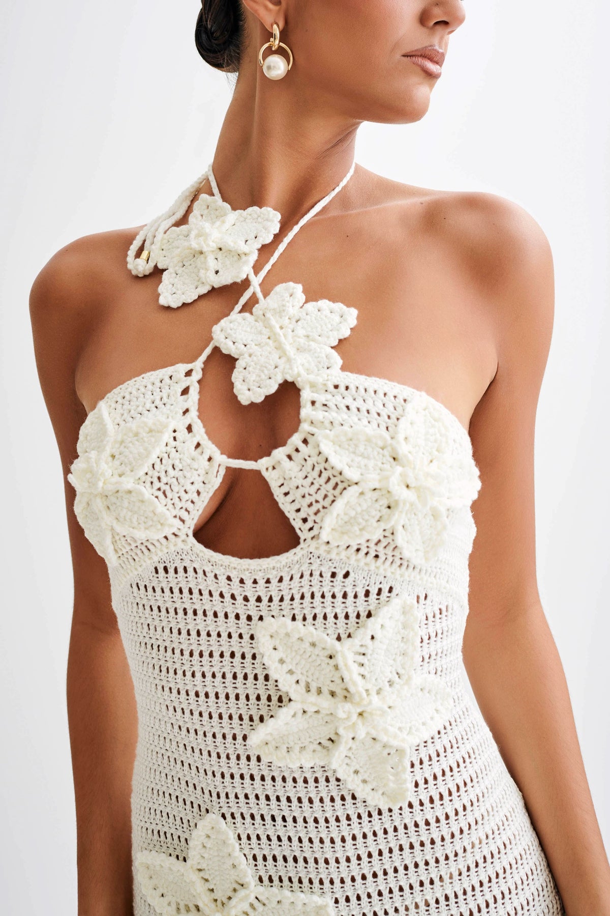 Women's Vacation Crochet Halter Maxi Dress with Floral Applique