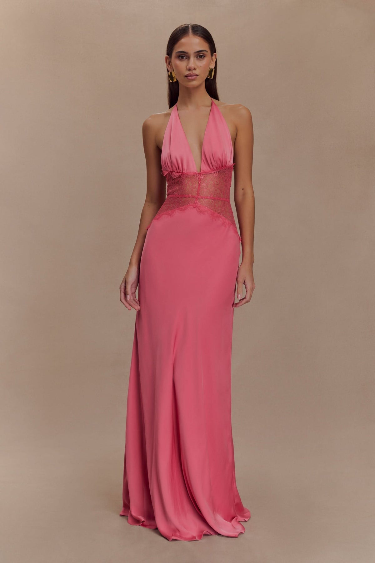 Women's Wedding Guest Lace Halter Maxi Dress