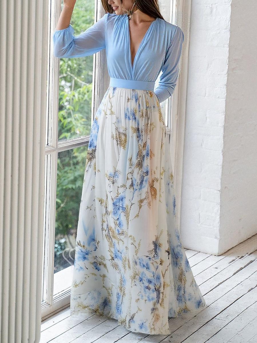 Women's Wedding Guest Floral V Neck Maxi Dress