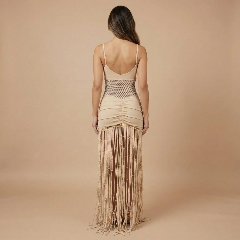 Women's Cocktail V Neck Maxi Dress With Beaded Fringe