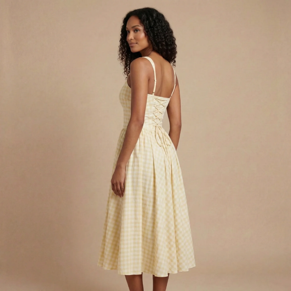 Women's Wedding Guest Gingham Square Neck Midi Dress