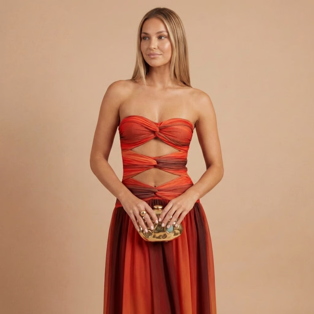 Women's Wedding Guest Strapless Ombre Maxi Dress