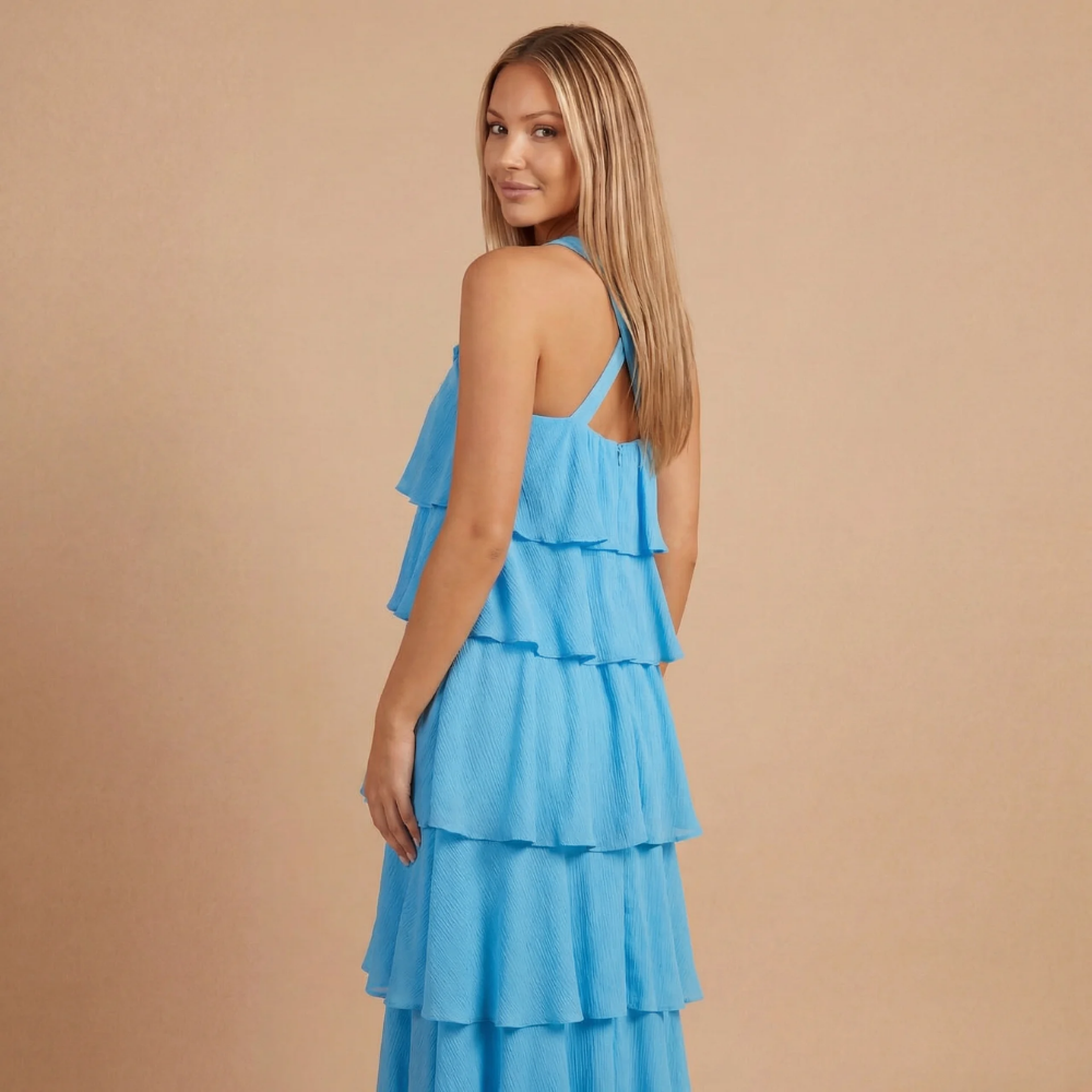 Women's Wedding Guest Halter Tiered Maxi Dress