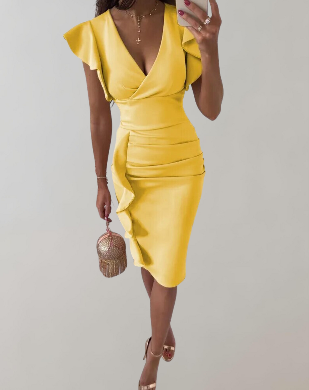 Women's Wedding Guest V Neck Flutter Sleeve Midi Dress