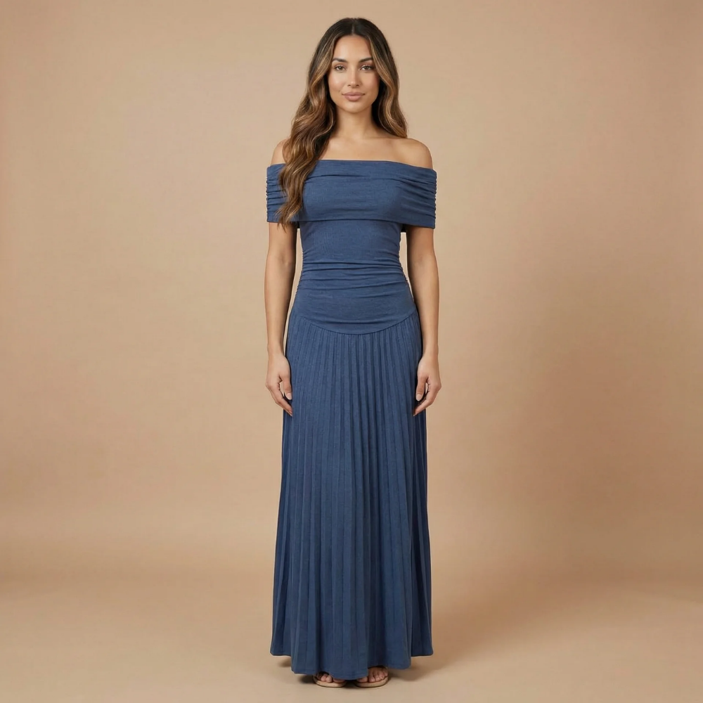 Women's Wedding Guest Off Shoulder Pleated Maxi Dress