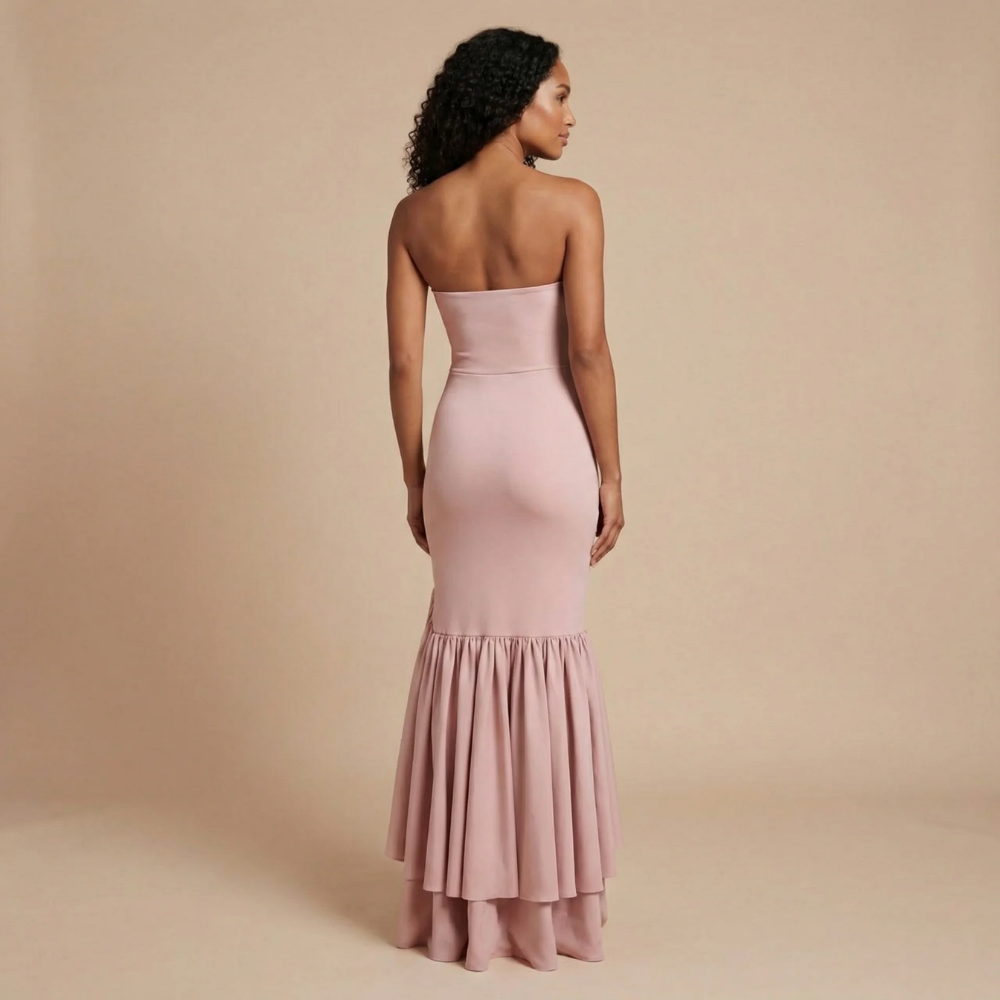 Women's Wedding Guest Strapless Ruffle Slit Maxi Dress