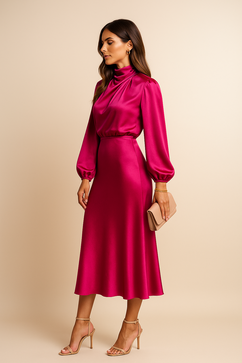 Women's Cocktail Satin High Neck Long Sleeve Midi Dress