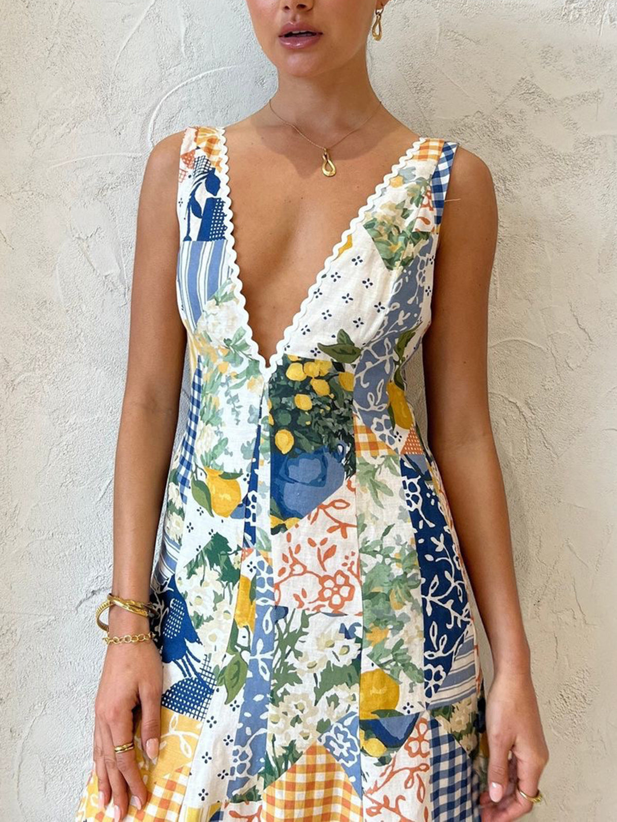 Women's Summer Patchwork V Neck Maxi Dress With Pockets