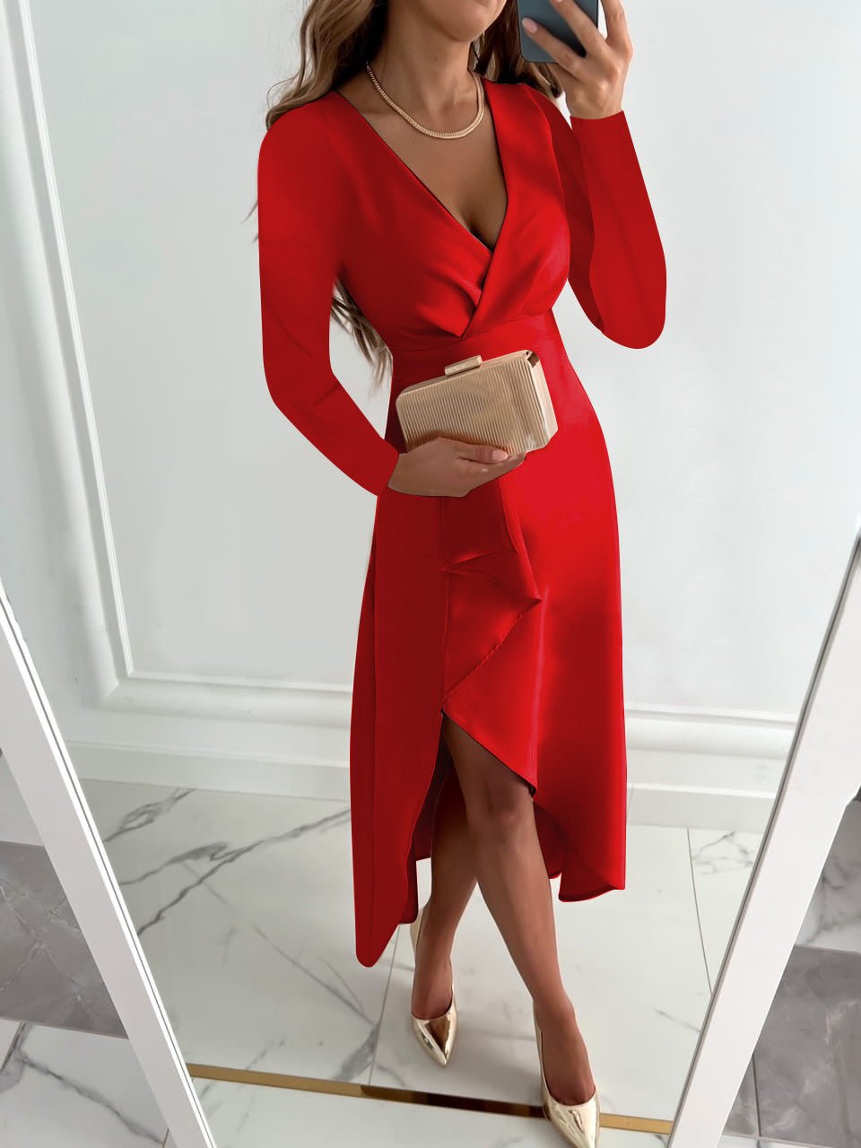 Women's Cocktail V Neck Long Sleeve Midi Wrap Dress