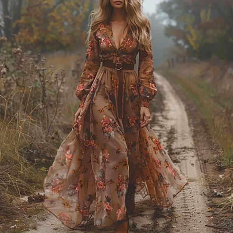 Women's Wedding Guest Floral V Neck Maxi Dress with Belt