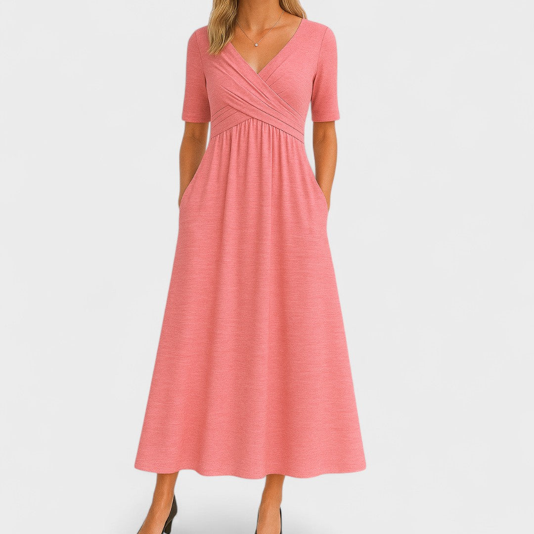 Women's Wedding Guest V Neck Elbow Sleeve Midi Dress
