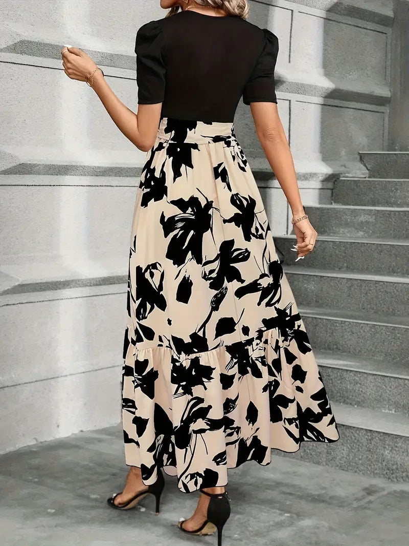 Women's Wedding Guest Floral Round Neck Maxi Dress