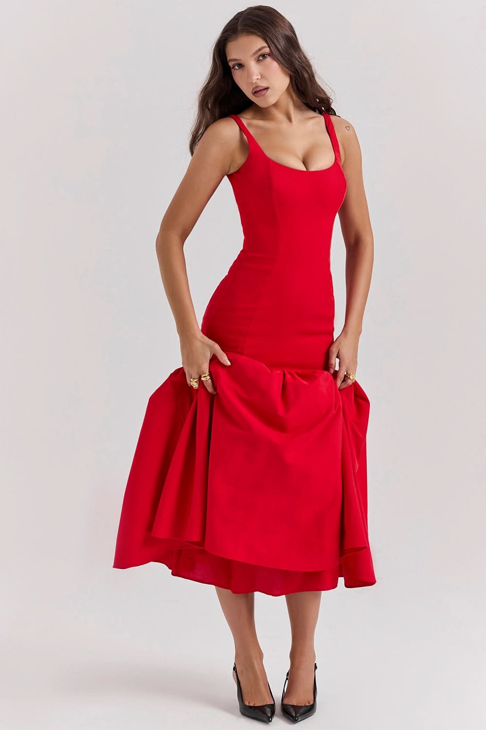 Women's Cocktail Dropped Waist Midi Dress Square Neck
