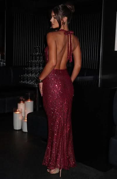 Women's Prom Halter Sequin Maxi Dress