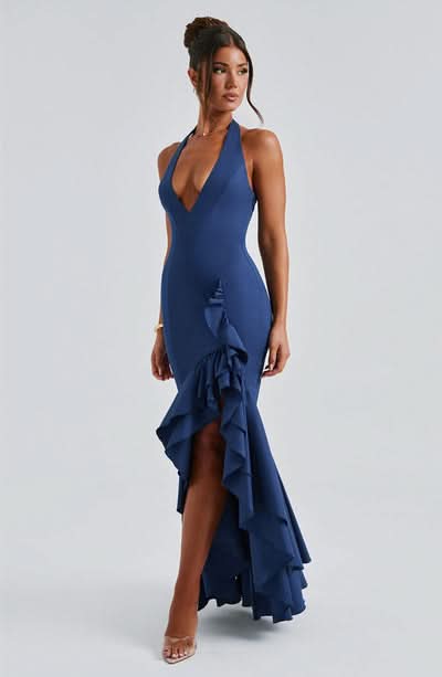 Women's Wedding Guest Halter Maxi Dress With Ruffle Hem
