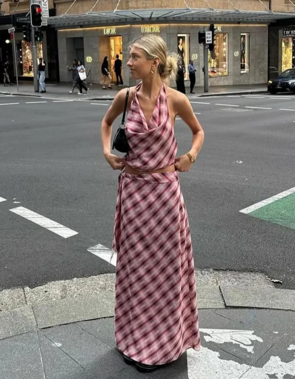 Women's Summer Plaid Halter Maxi Skirt Set