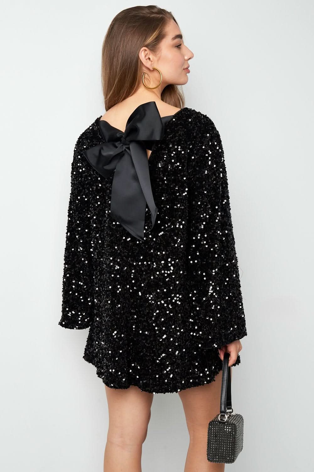 Women's Cocktail Long Sleeve Mini Dress with Back Bow