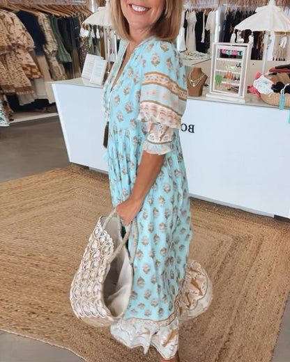Women's Summer Floral V Neck Maxi Dress with Tassel Tie
