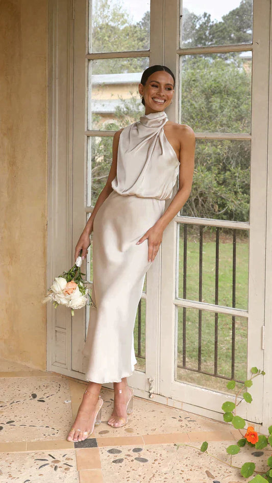 Women's Wedding Guest Halter Neck Satin Midi Dress