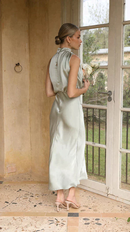 Women's Wedding Guest Halter Neck Satin Midi Dress