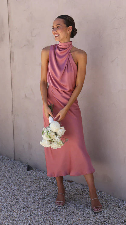 Women's Wedding Guest Halter Neck Satin Midi Dress