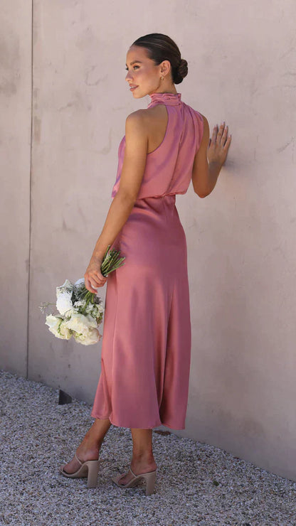 Women's Wedding Guest Halter Neck Satin Midi Dress