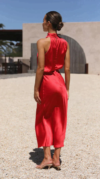 Women's Wedding Guest Halter Neck Satin Midi Dress