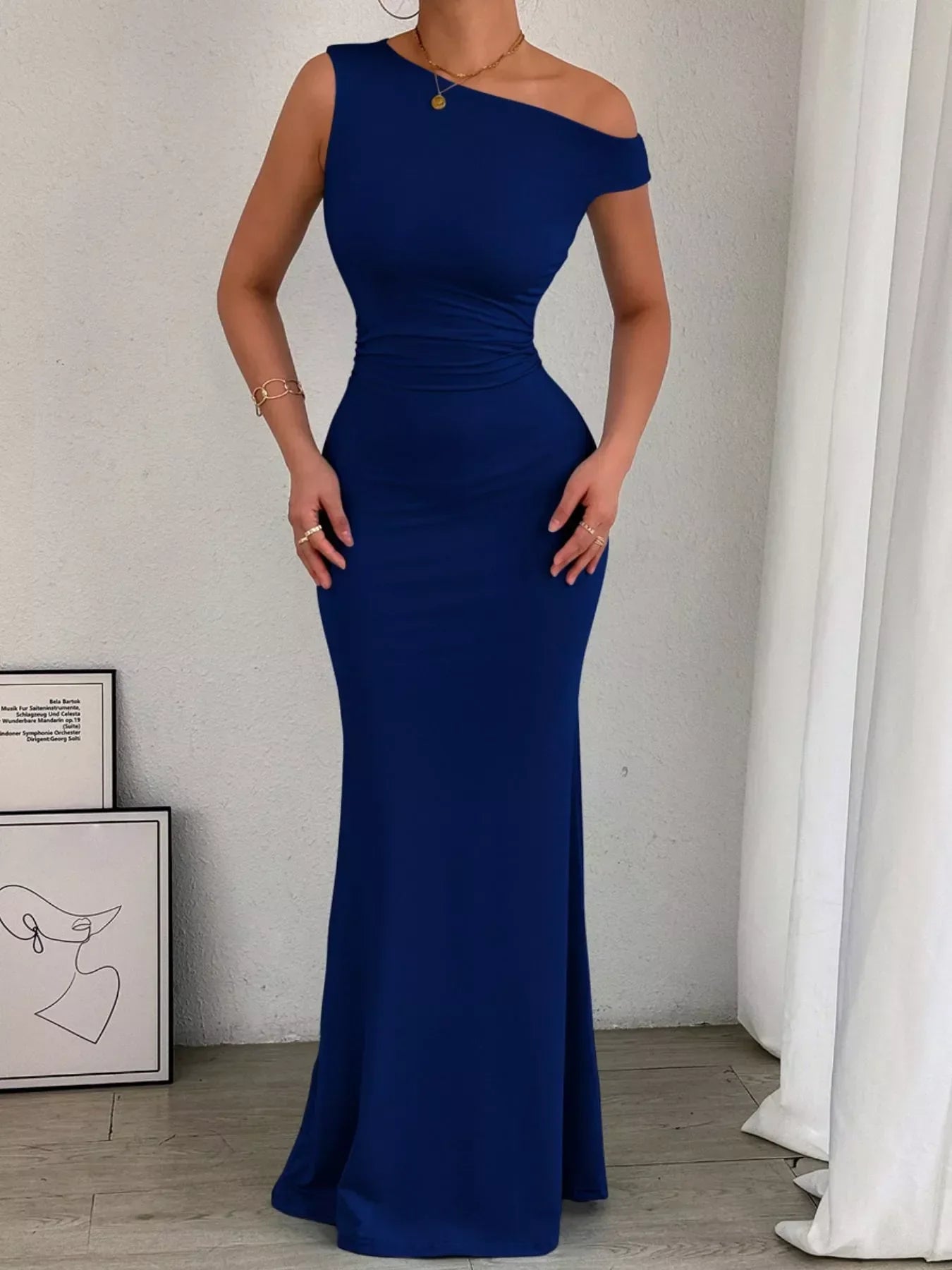 Women's Cocktail One Shoulder Ruched Bodycon Maxi Dress