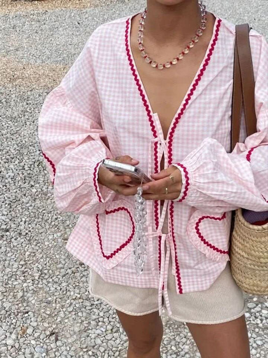 Women's Summer Gingham V Neck Tie Front Blouse