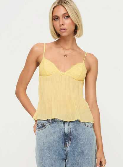 Women's Lace V Neck Pleated Cami Tank Top