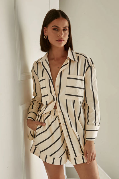 Women's Summer Striped Long Sleeve Shirt and Shorts Set