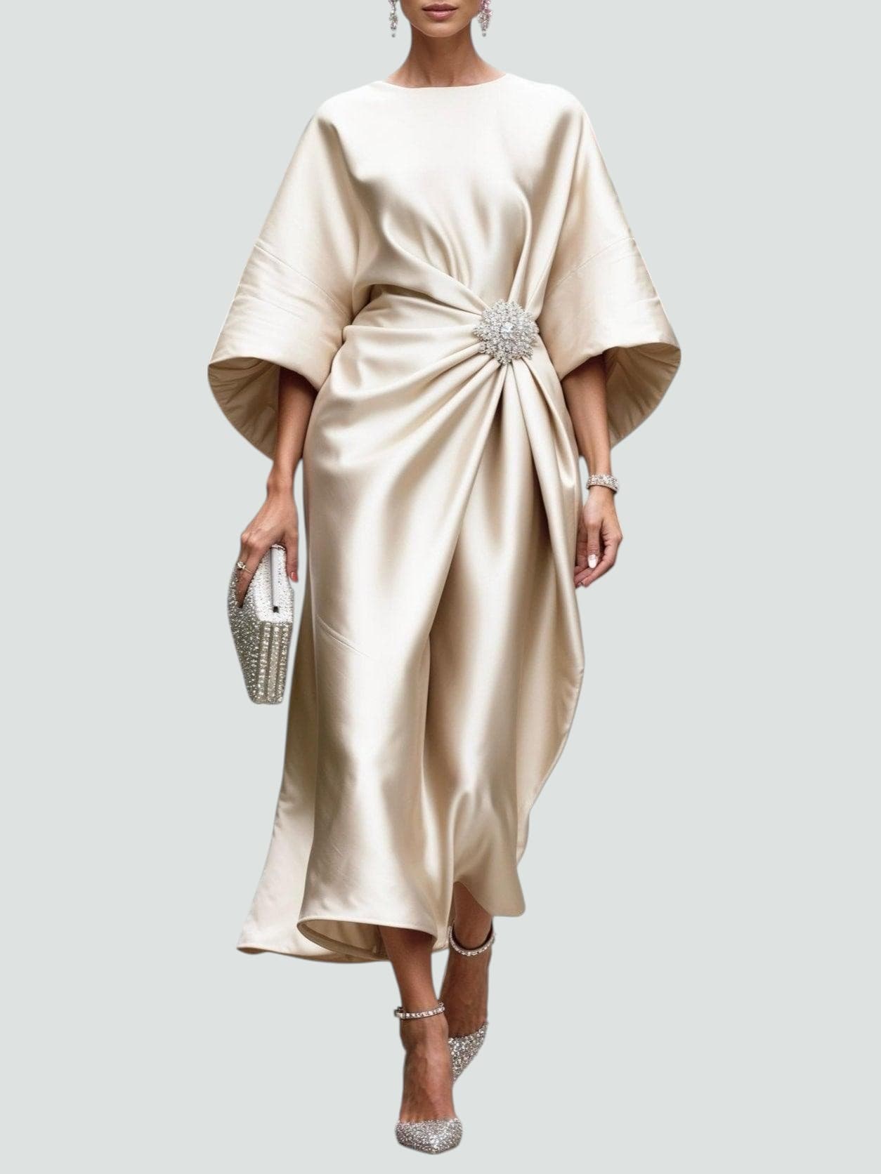 Women's Wedding Guest Satin Bateau Neck Midi Dress