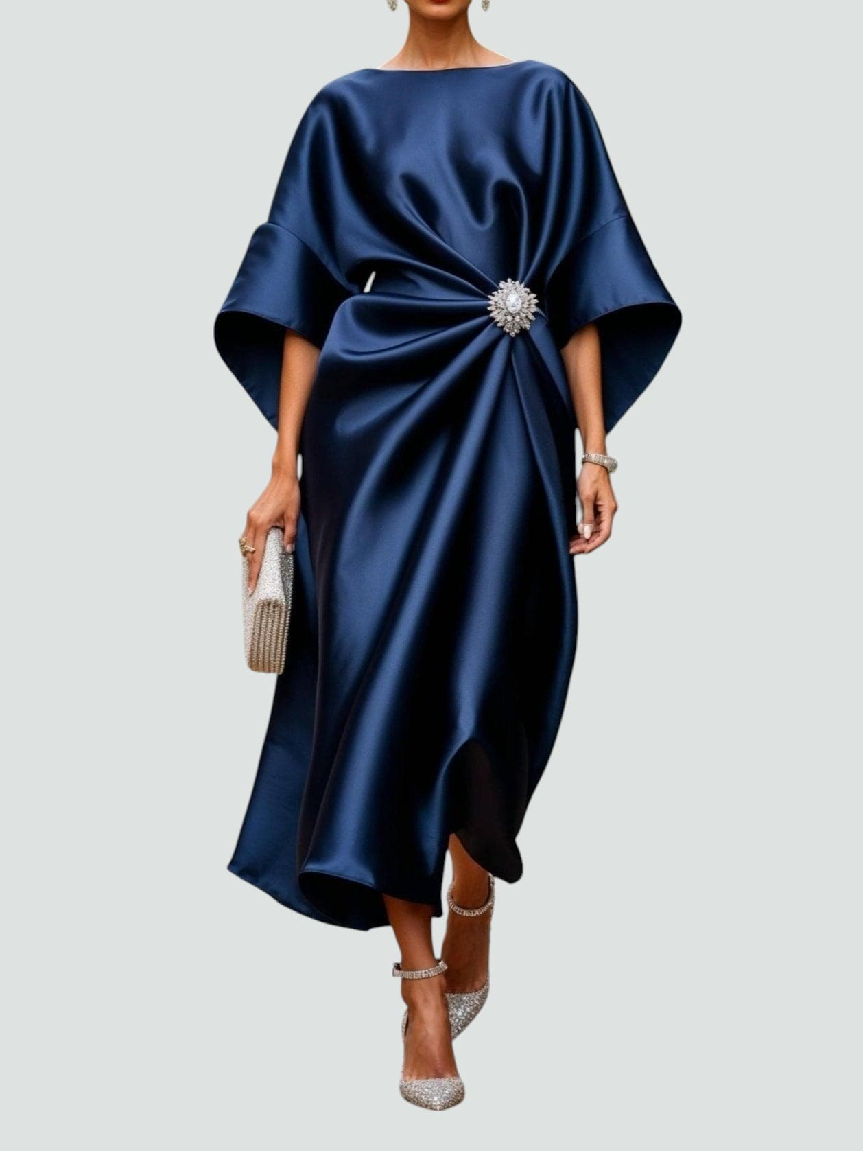 Women's Wedding Guest Satin Bateau Neck Midi Dress