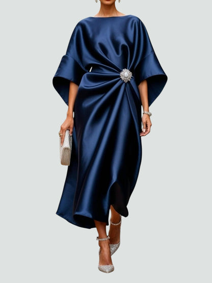 Women's Wedding Guest Satin Bateau Neck Midi Dress