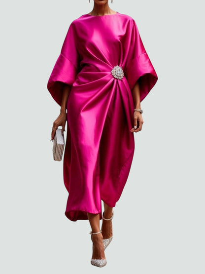 Women's Wedding Guest Satin Bateau Neck Midi Dress