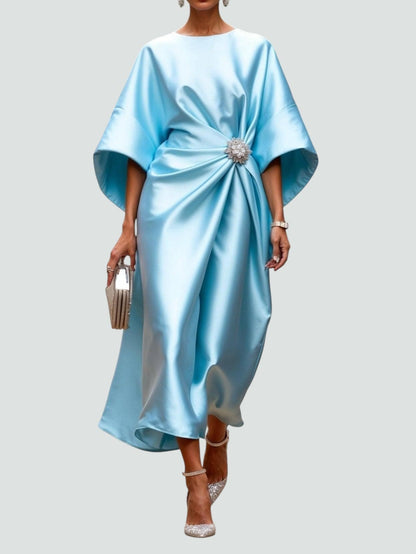 Women's Wedding Guest Satin Bateau Neck Midi Dress