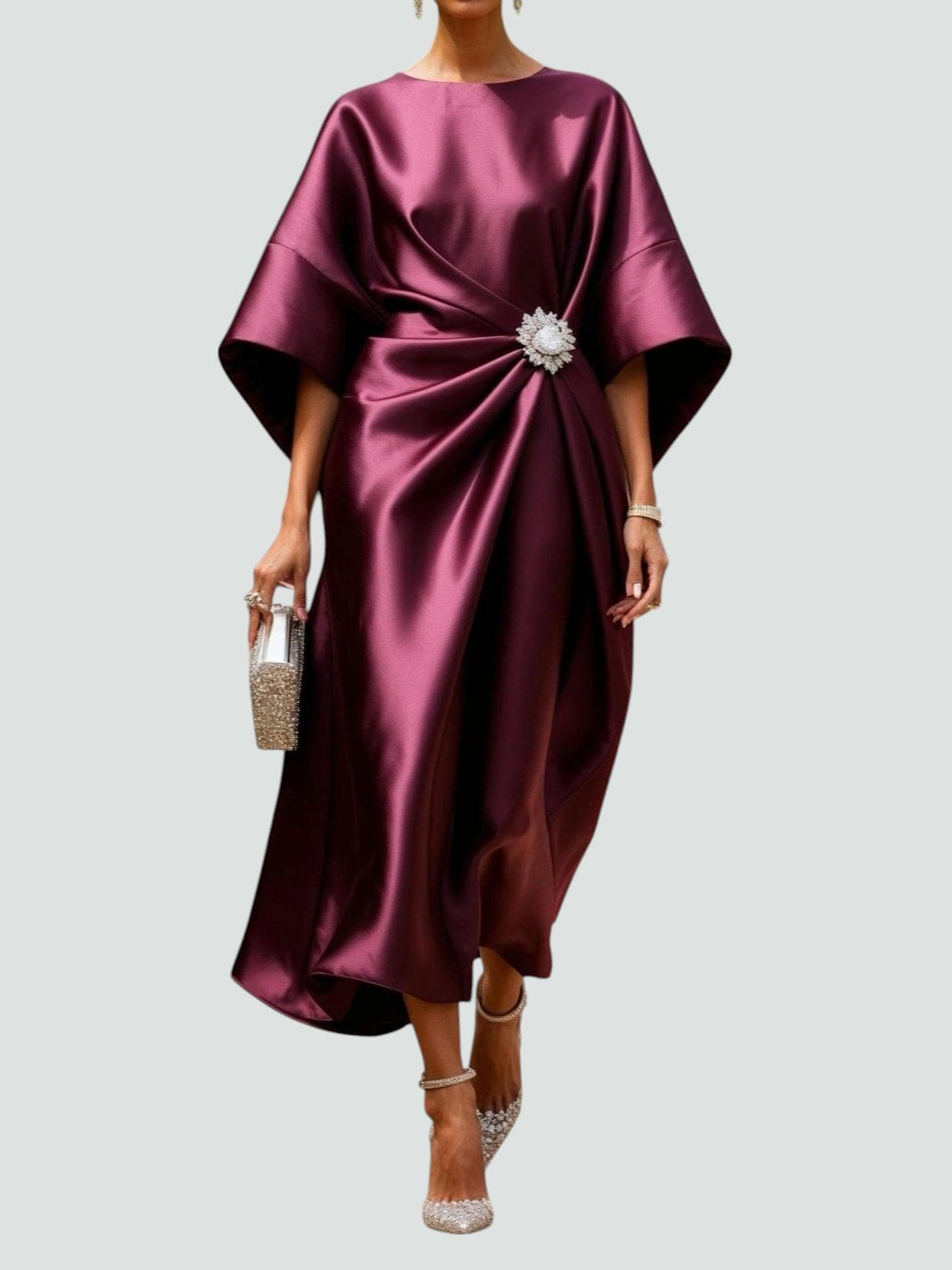 Women's Wedding Guest Satin Bateau Neck Midi Dress
