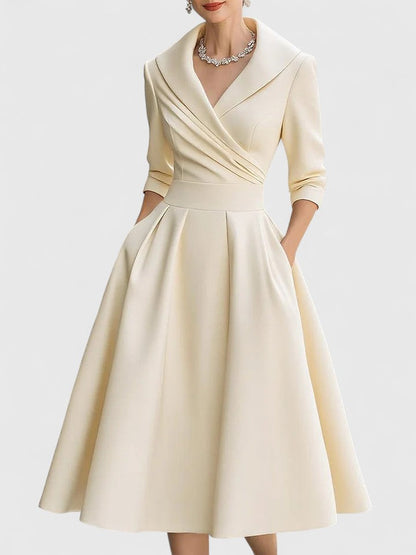 Women's Cocktail V Neck 3/4 Sleeve Midi Dress with Pockets