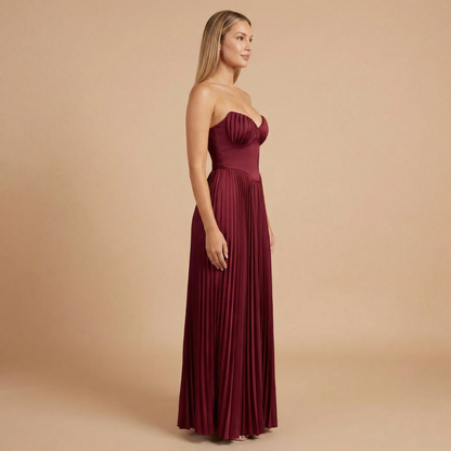 Women's Wedding Guest Strapless Pleated Maxi Dress