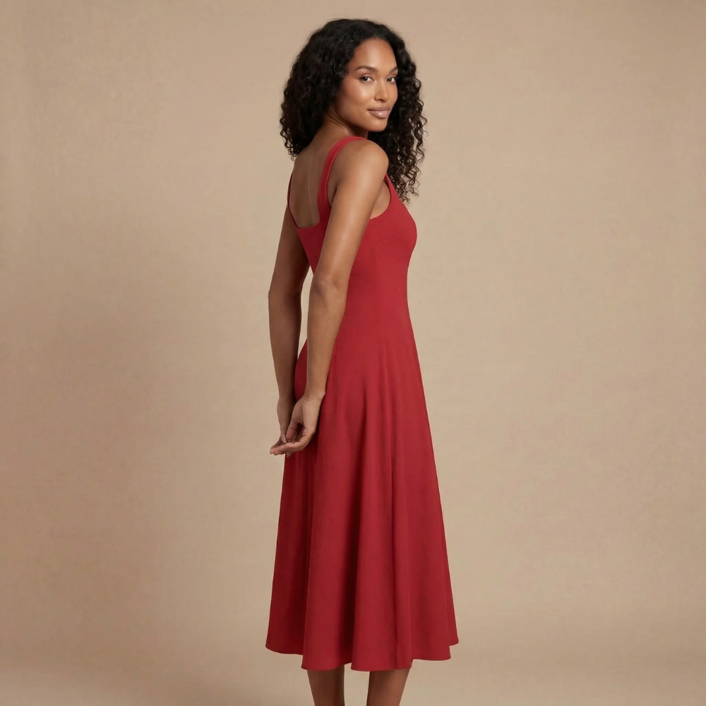 Women's Wedding Guest Square Neck Midi Dress Sleeveless