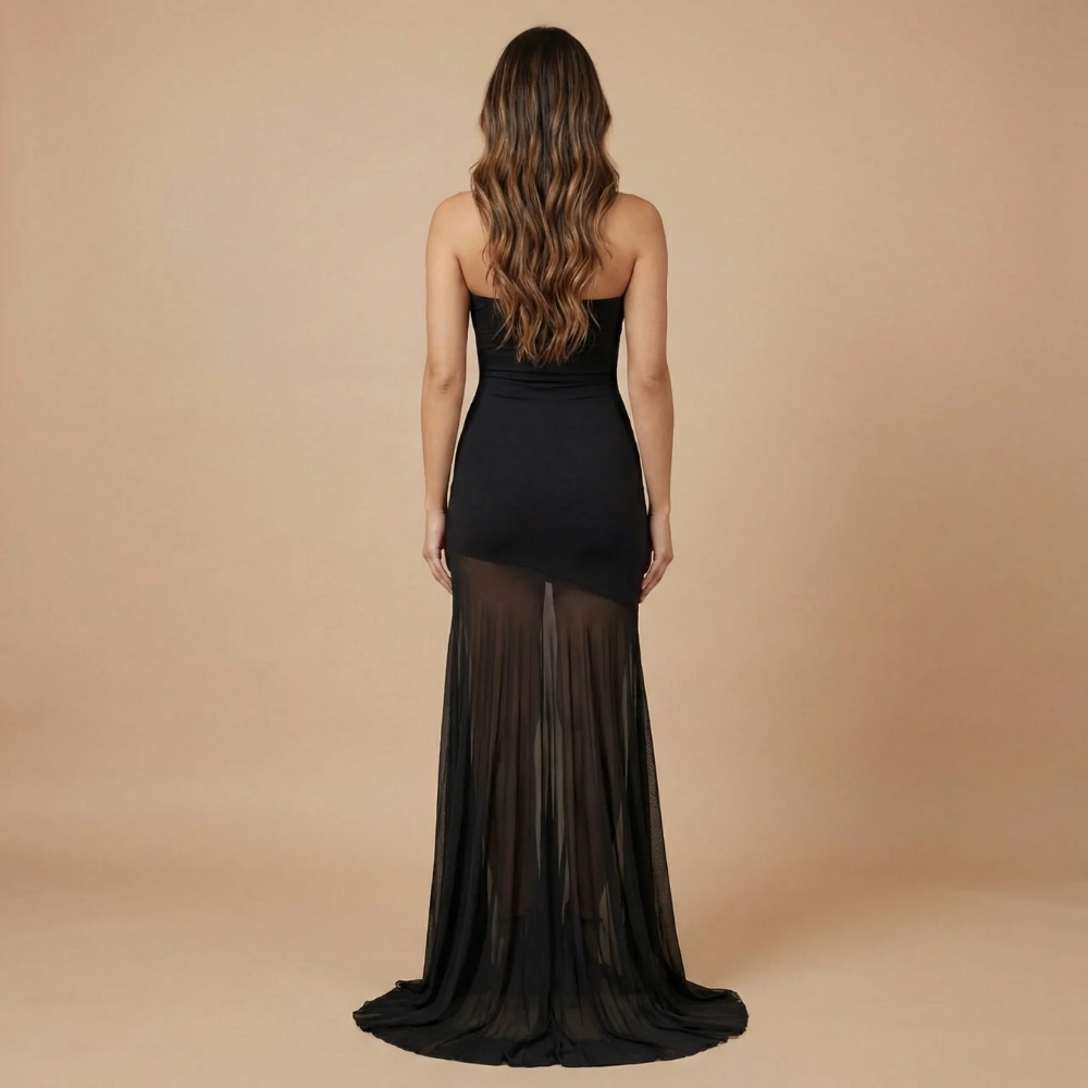 Women's Formal Strapless Maxi Dress With Sheer Mesh Skirt