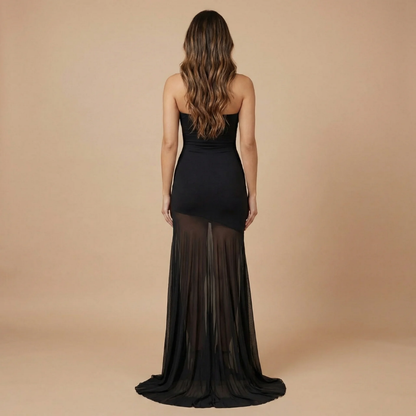 Women's Formal Strapless Maxi Dress With Sheer Mesh Skirt