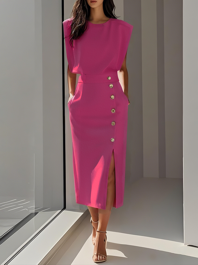 Women's Cocktail Sleeveless Button Detail Midi Dress