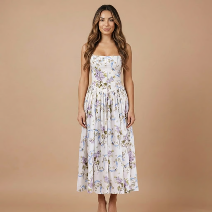 Women's Wedding Guest Floral Straight Neck Midi Dress