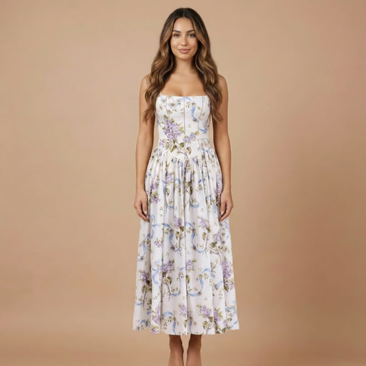 Women's Wedding Guest Floral Straight Neck Midi Dress