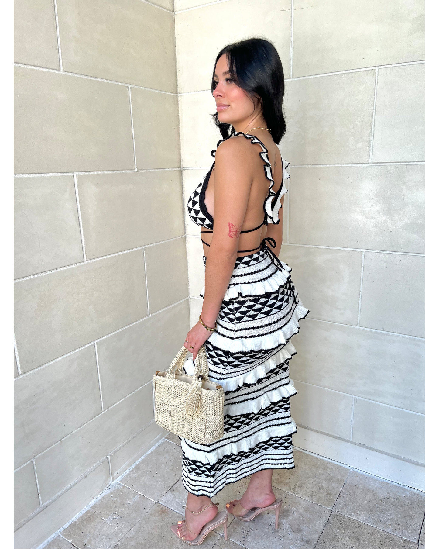 Women's Vacation Geometric Knit Bralette and Midi Skirt Set