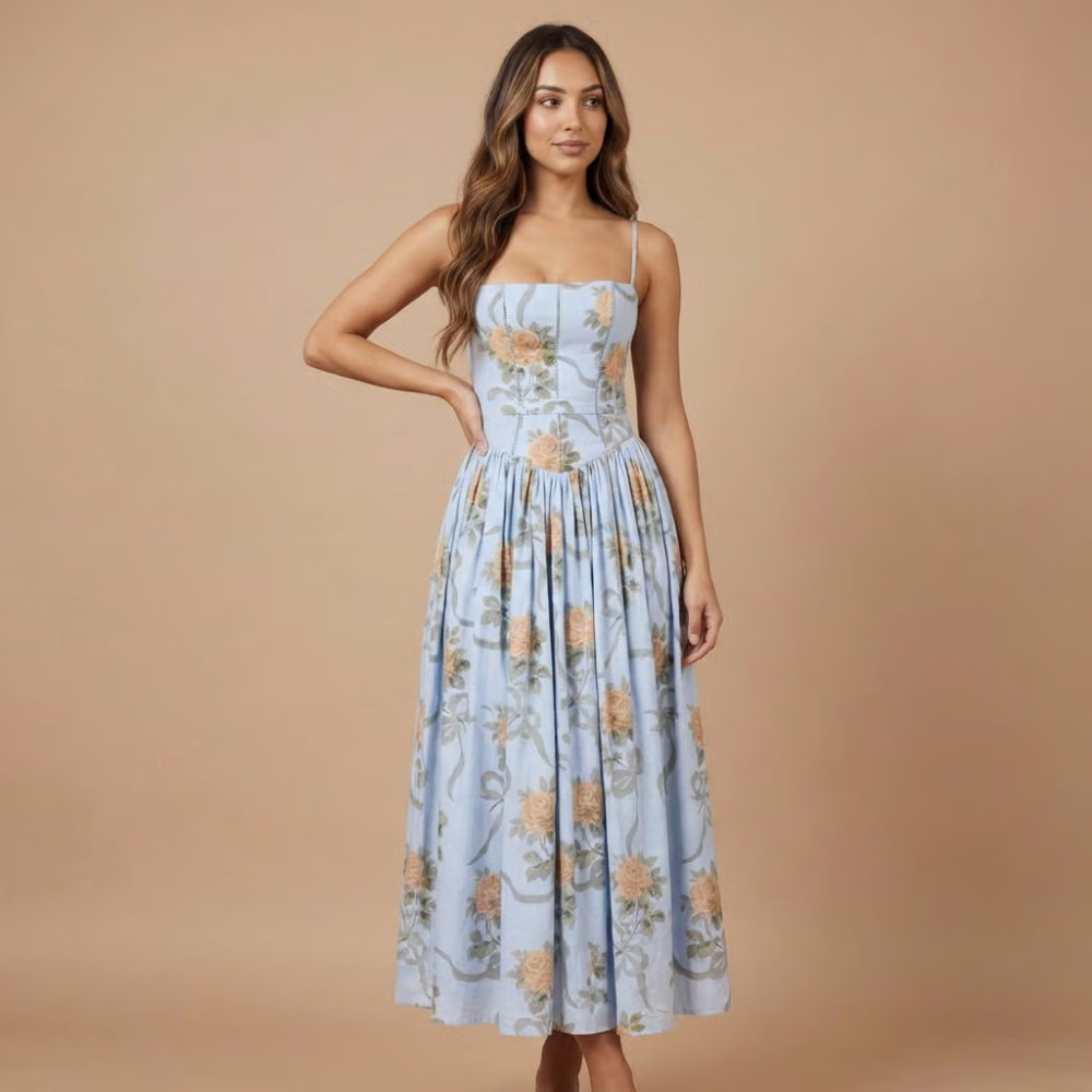 Women's Wedding Guest Floral Straight Neck Midi Dress