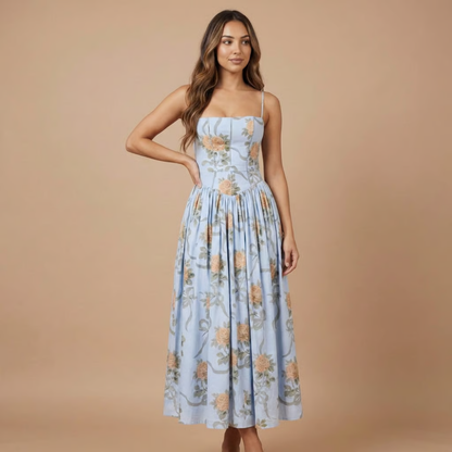 Women's Wedding Guest Floral Straight Neck Midi Dress